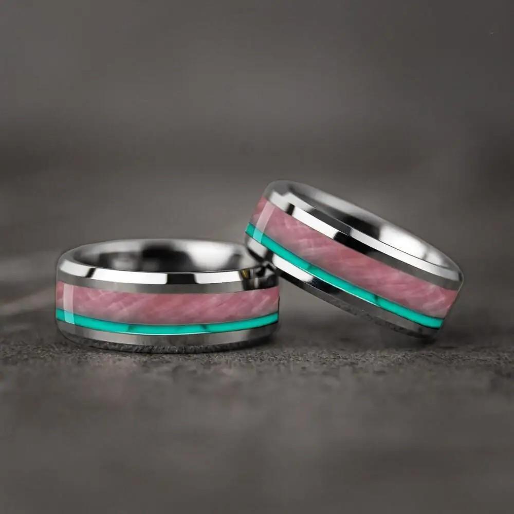 Fashion 8mm Men Stainless Steel Ring with Turquoise and Pink Abalone Shell Inlay Rings for Men Women Wedding Jewelry Drop Ship