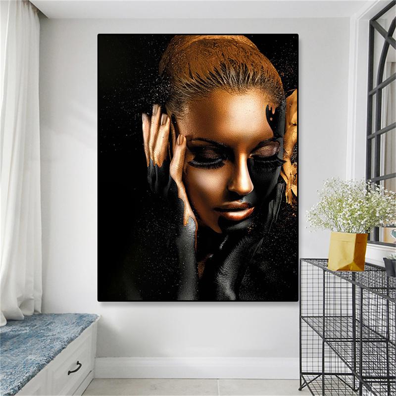 African Woman Art Black And Gold Portrait Canvas Paintings Poster Print Wall Art Picture Home Decor For Living Room Frameless