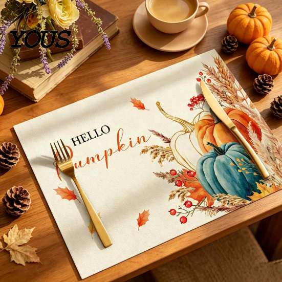 Reusable Table Linens for Thanksgiving Pumpkin Autumn Leaves Placemat, Linen Washable Heat Resistant Watercolor Place Mat Dining Fall Seasonal