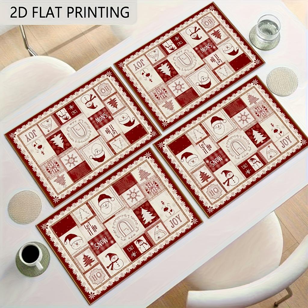 4pcs Christmas Placemats Set - Non-Slip Easy-to-Clean Linen Place Mats with Festive Snowflake and Reindeer Design