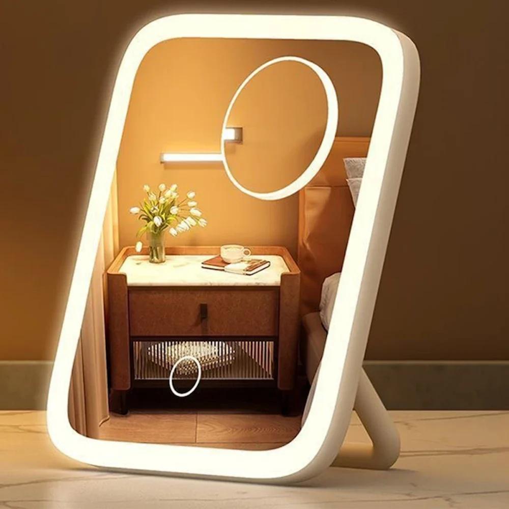 LED Makeup Mirror, 3-Color Light, 360° Rotatable, Touch Control, USB Powered, Tabletop Vanity Mirror for Bedroom Bathroom Trave