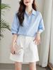 Women's Mid-Sleeve Blue Cotton Shirt - Summer 2025 Loose Slimming Casual Top