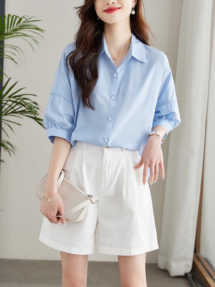 Women's Mid-Sleeve Blue Cotton Shirt - Summer 2025 Loose Slimming Casual Top