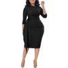 Women's Asymmetric Neck Three Quarter Sleeve Pencil Midi Dress Mid Waist Elegant Ruched Tie Office Dress