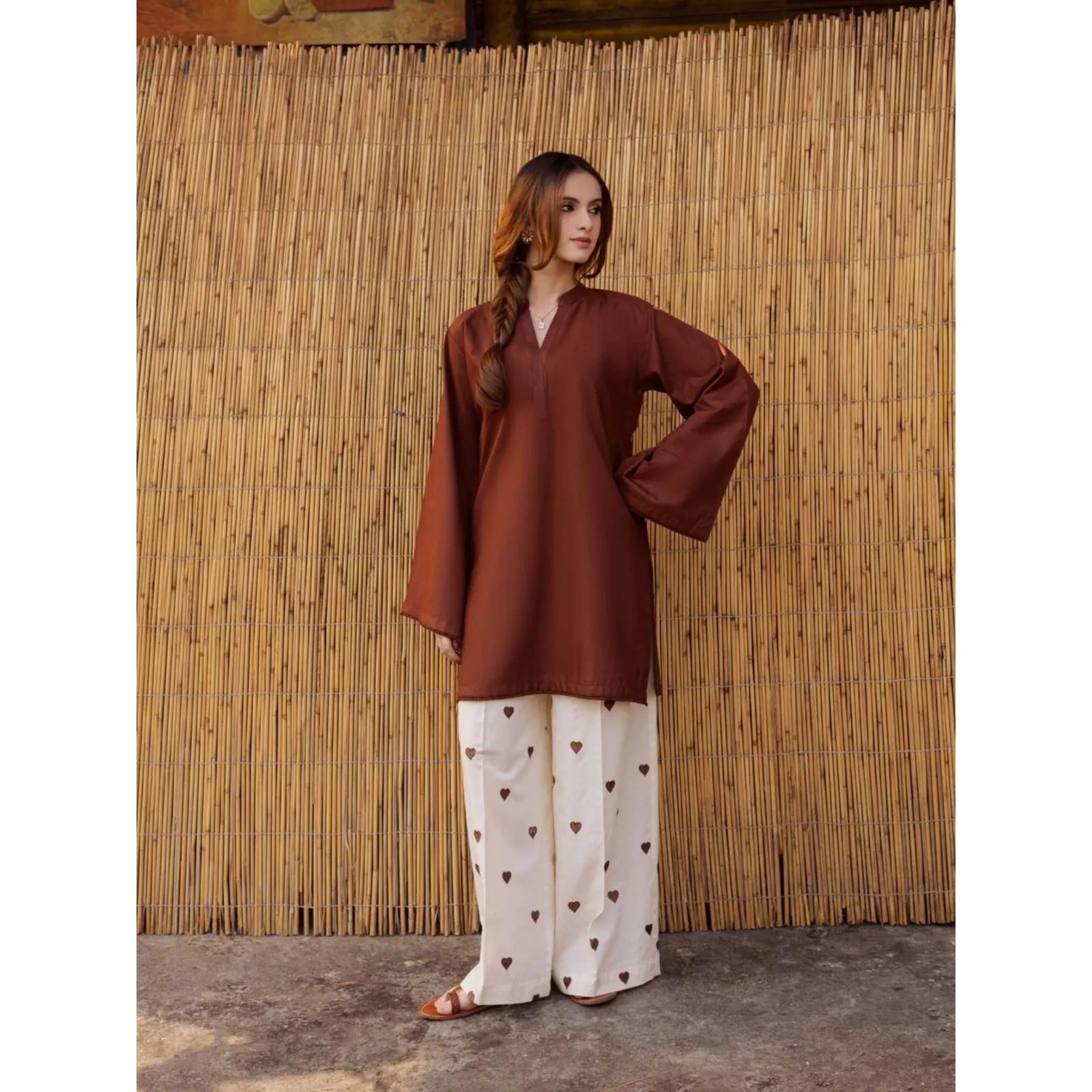Beautiful Brown Pure Cotton Kurti Palazzo Set Indian Party Wear Kurta Cord Set M-38
