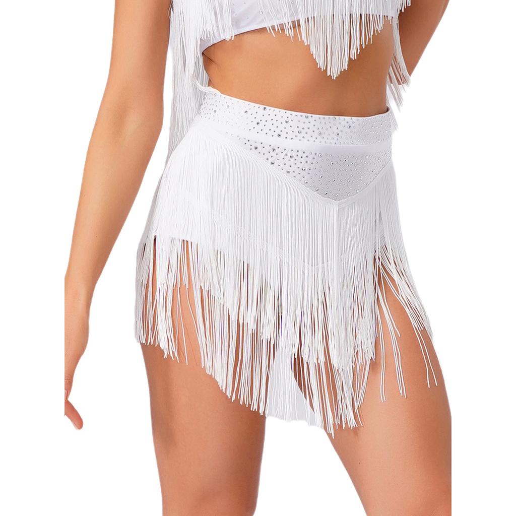 Women Salsa Latin Dance Performance Competition Costume Elastic Waistband Tiered Tassels Skirt
