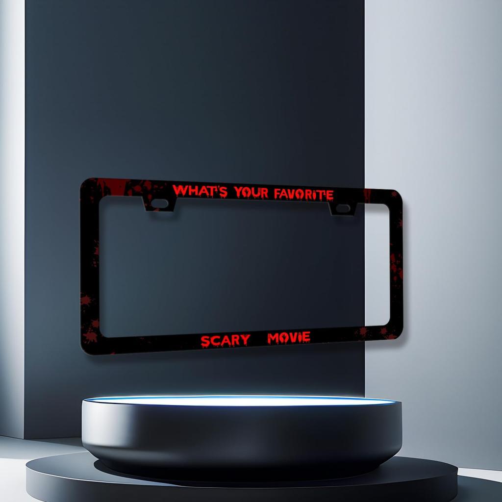 Funny License Plate Frame What‘S Your Favorite Scary Movie License Plate Holder Stainless Steel Auto Parts Blood License Plate Decoration For Men
