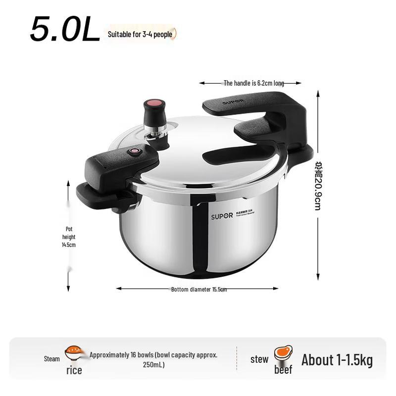 SUPOR 5L 304 Stainless Steel Pressure Cooker with Standable Lid
