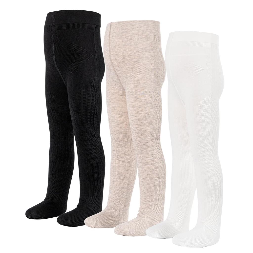 LOLANTA Kids' Thick Knit Tights with Feet, 3-Pair Set, Black and White, Apricot, Ages 3-5