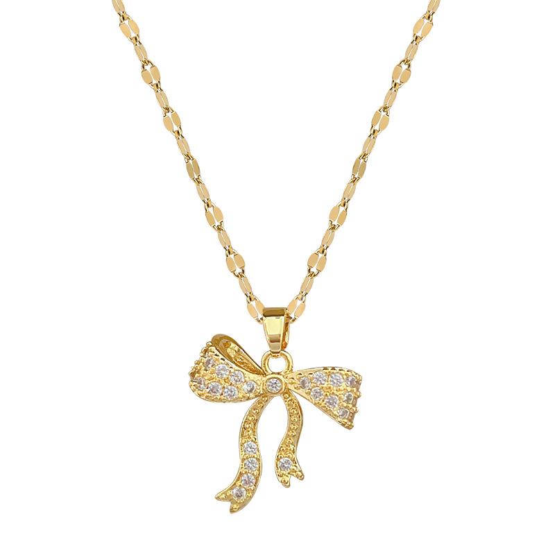 Schleife Zirkon Leichter Luxus Temperament Wunderschöne Voll-Diamant-Halskette Weiblich Vielseitig Schlüsselbein-Kette Titanstahl-Kette