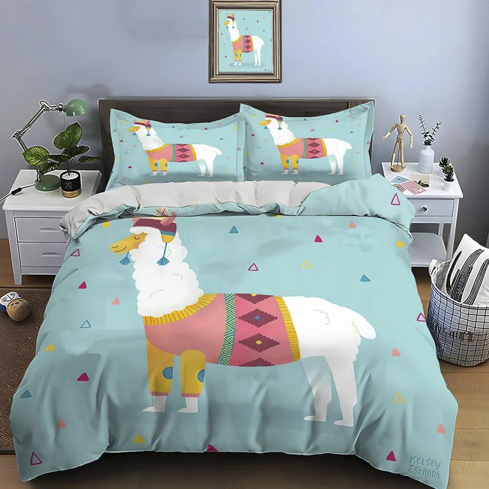 Cute Cartoon Llama Alpaca Print Bedding Set Duvet Cover 1 Duvet Cover 2 Pillowcases Adult and Children Bedding Set Luxury Gifts
