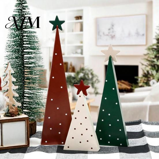 Small Wooden Trees for Mantels 3Pcs Christmas Tree Ornament, Polka Dot Cone Decor with Tiered Tray Decoration Star Topper, Rustic Farmhouse