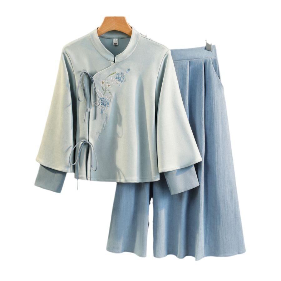 Chinese Retro Wisteria Embroidered Tang Suit Hanfu Cheongsam Top Tea Set