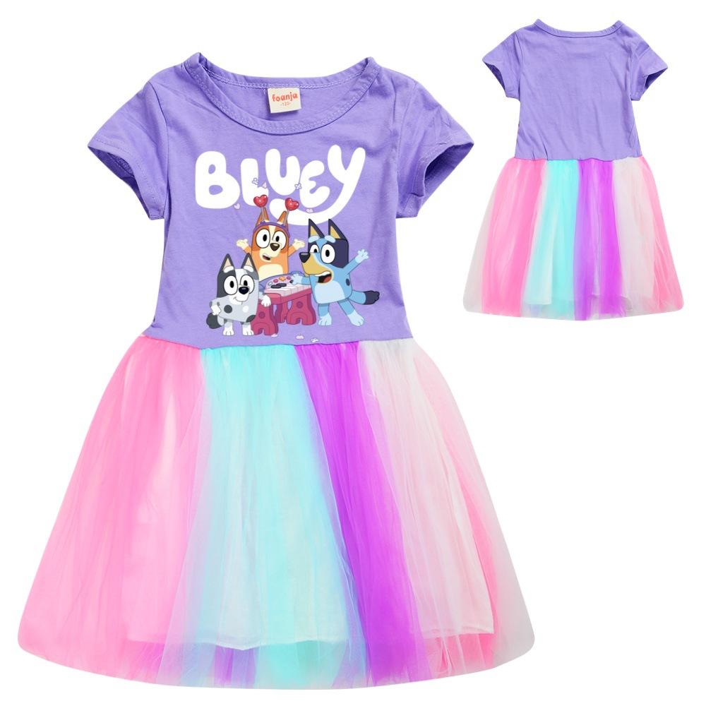 Bluey Bingo Dog Cartoon Kids Girls TUTU Rainbow Party Dress Dresses