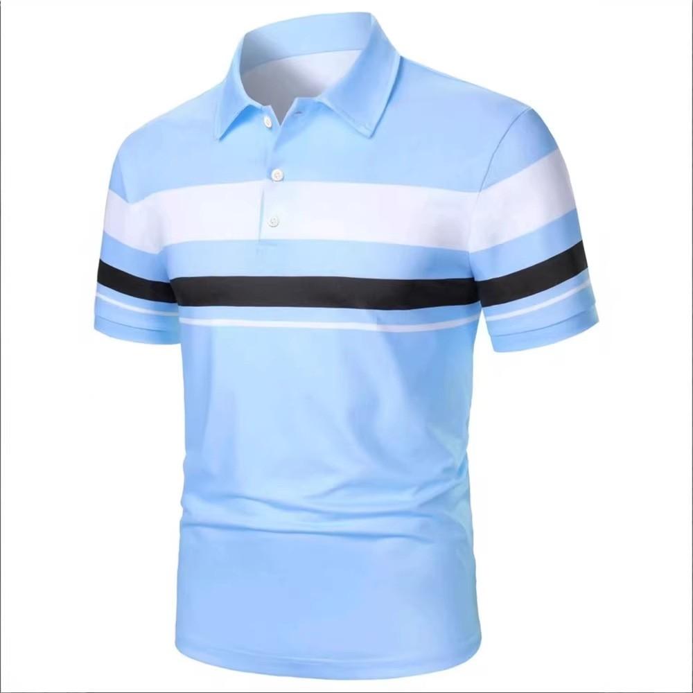 Summer Men New Short Sleeve Stripe Polo Shirt Men Business Casual Lapel Golf Polo Shirt Tops 100% Polyester