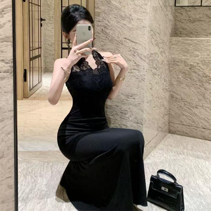 

Korean slim fit and thin lace neck dress women s summer sexy backless hip wrap dress long dress hip wrap and thin S