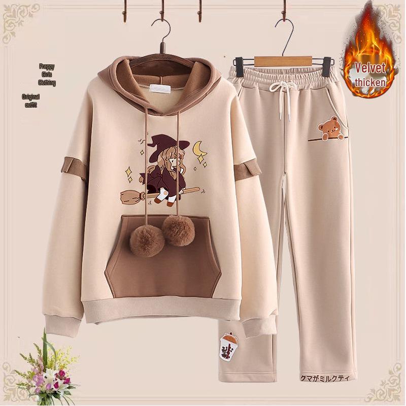 Podzimní/Zimní Sametová Zesílená Dvoudílná Sada pro Dívky (Věk 12-15): Mikina a ležérní sportovní oblečení