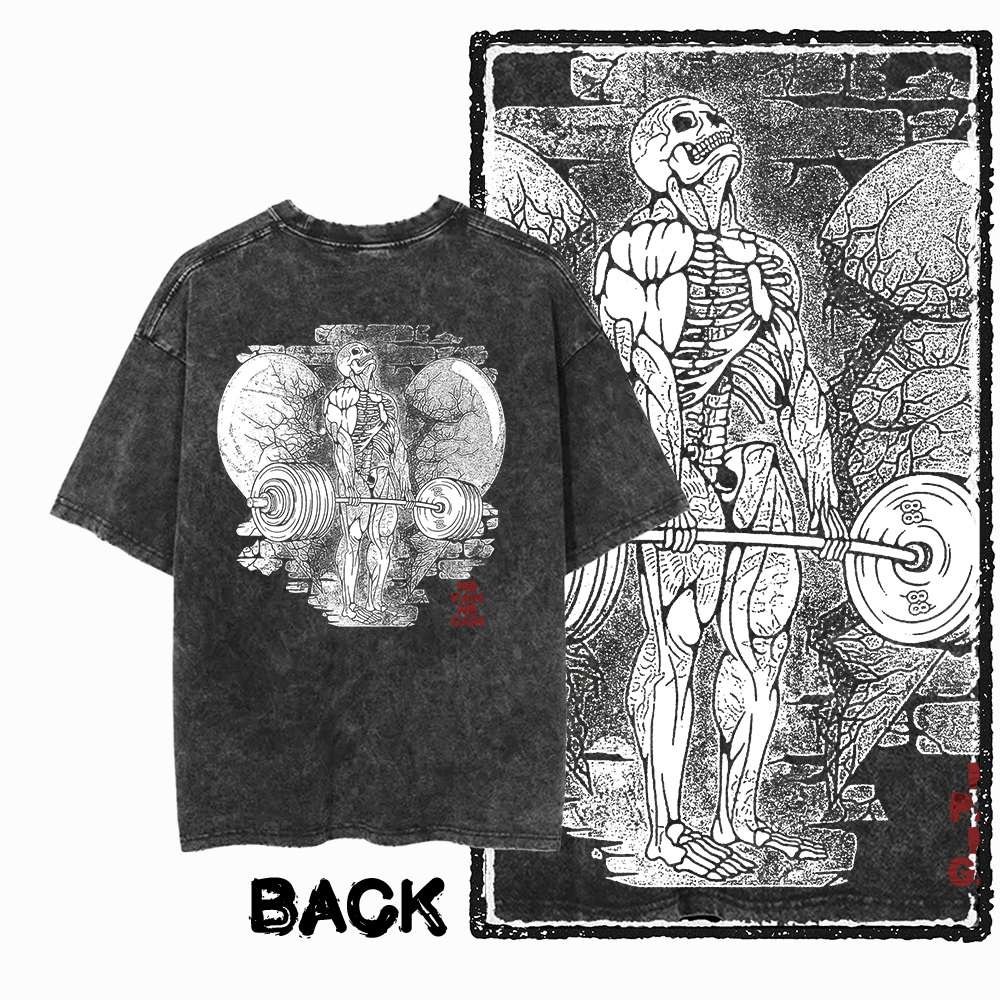 G Back Print Acid Washed Cotton Unisexs Cool Gym Skull Graphic Tshirt Streetwear Big Size Oneck Unisexs Tee Tshirt S