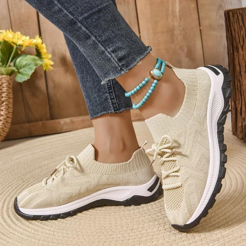 Fashion Ladies Shoes 2025 Outdoor Knitted Women's Vulcanize Shoes Breathable Women Sneakers Mixed Colors Low Heel Lace Up Casual Shoes