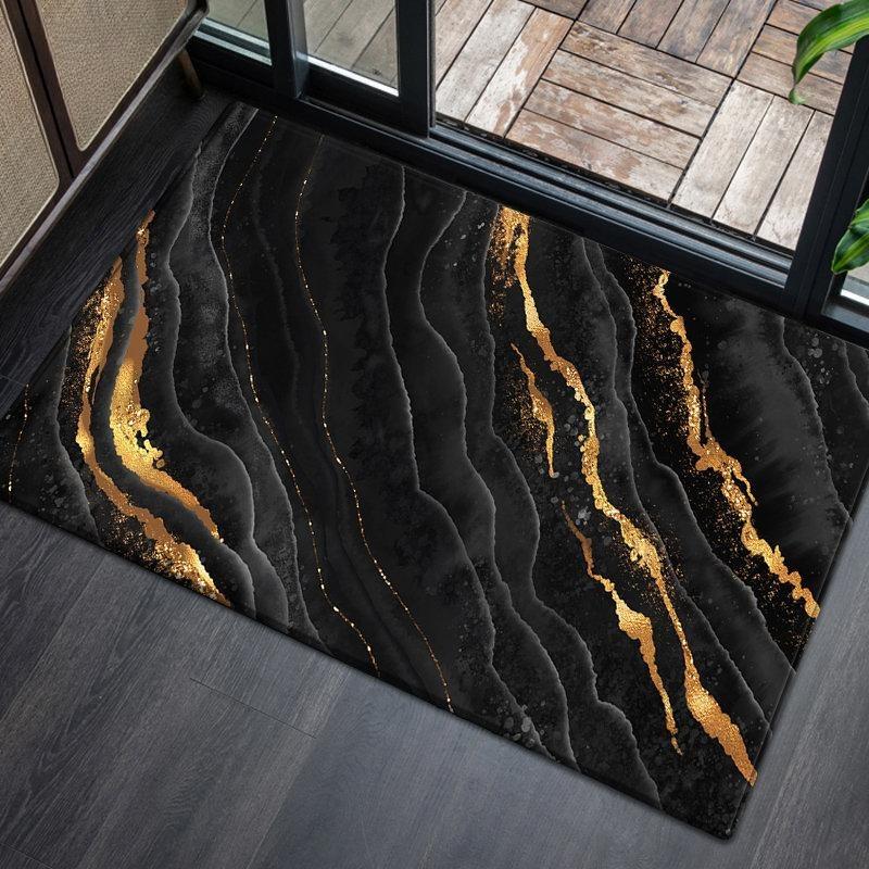 Black Gold Marble Kitchen Mat, Non-Slip Absorbent Runner Rug, Modern Luxury Floor Carpet for Bathroom Living Room Decor, 1PC