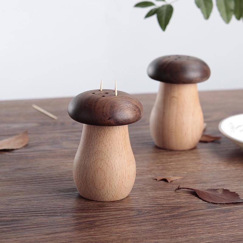 Creative Solid Wood Mushroom Toothpick Box Home High-value Wooden Cute Mushroom Toothpick Can Retro Mushrooms Ornament