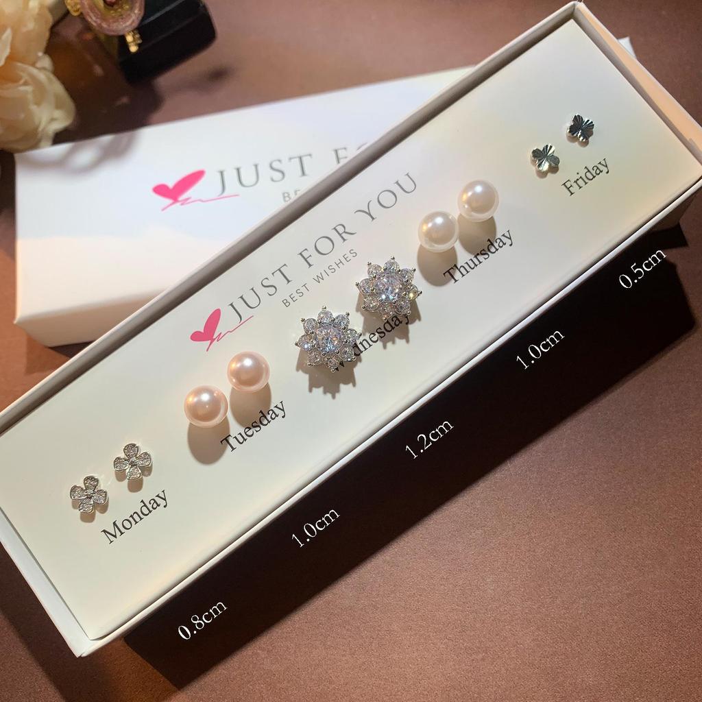 Zirkon Blume & Perle Herz Ohrstecker Set für Damen