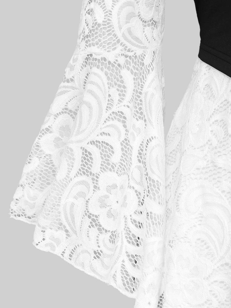 Rosegal Gothic Floral Lace Overlay Cinched Ruched Flare Sleeves Lace-up Grommet Corset T-shirt