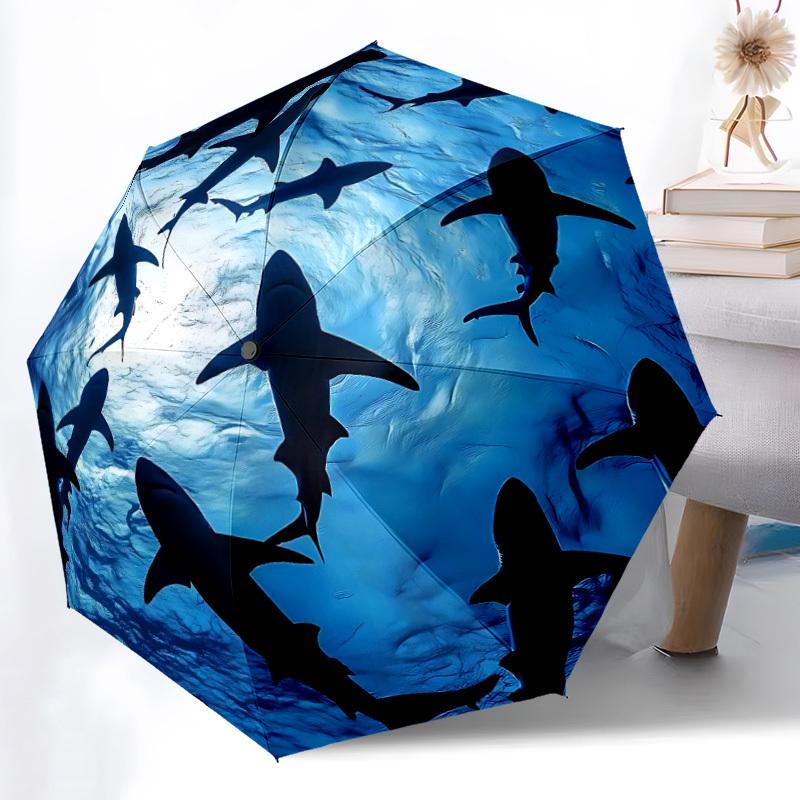 1pc Shark Swarm Automatic Umbrella - 8-Rib Portable Folding Black Iron Frame for Outdoor, Beach, Travel, Beach Umbrella,107