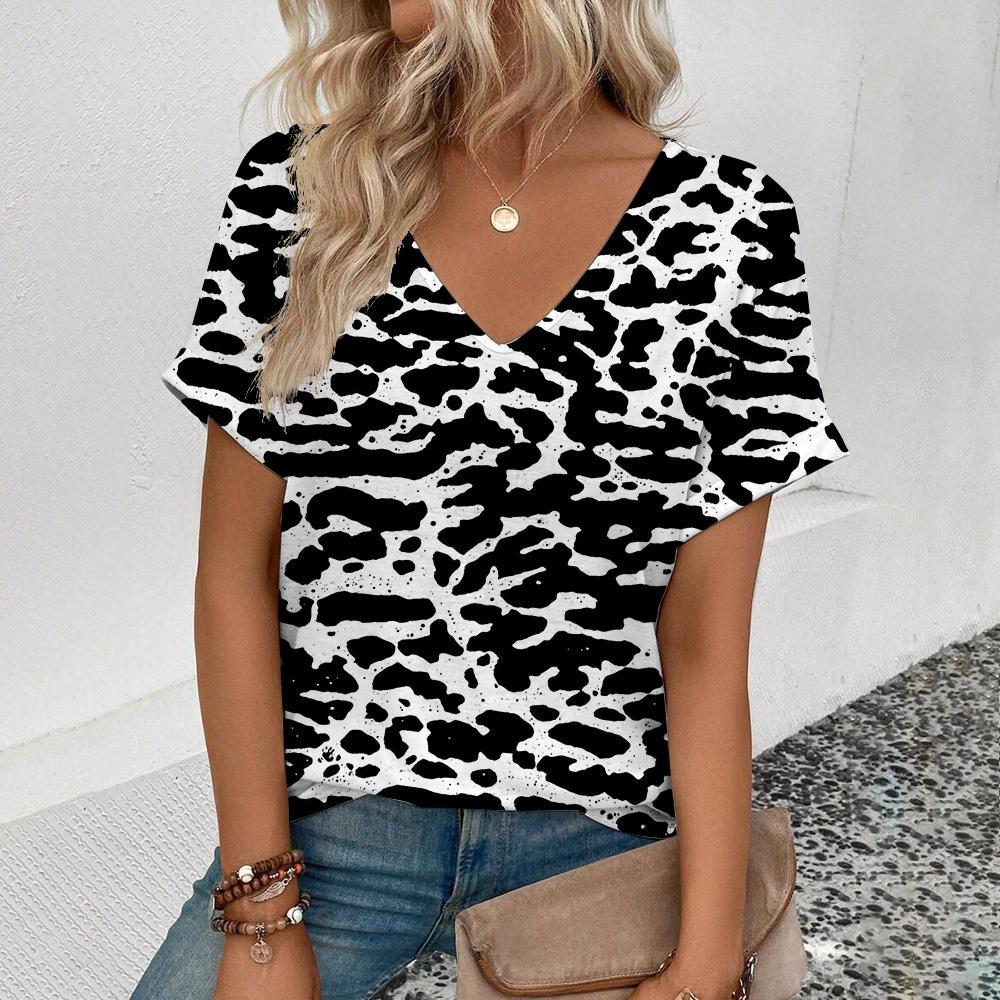 Women's V-neck T-shirt Retro Stripe Pattern Print T-shirt Fashion Women's Short Sleeved T-shirt 2024 Summer Leisure T-shirt