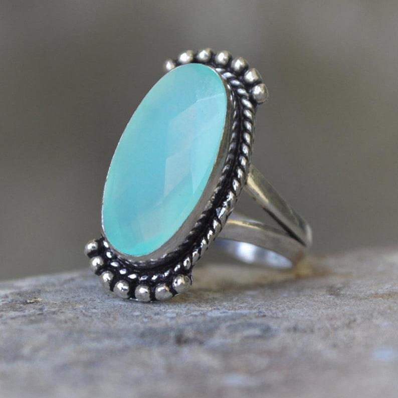 Genuine Oval Aqua Chalcedony 925 Sterling Silver Ring Jewelry