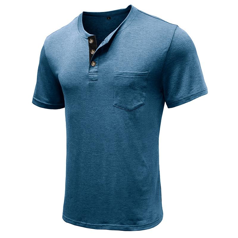 European and American Style Men’s Summer Top Short Sleeve T-shirt Solid Buttoned Round Neck Henley Shirt