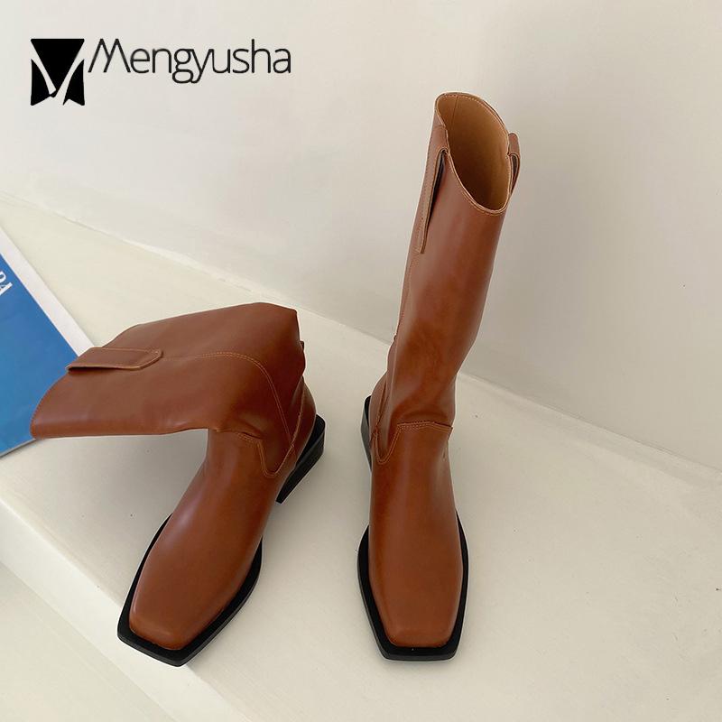 Fashion Retro Square Toe Knight Botas Female Low Heels Motorcycle Boots Women Pu Leather Shoes Solid Slip On Mid-calf Booties Femme