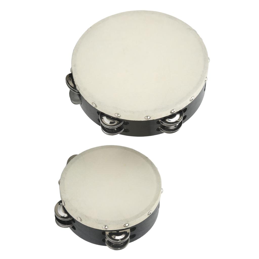 2PCS Wooden Hand Drum Double Row Metal Jingle Bells Sheepskin Percussion Tambourine 6in 8in