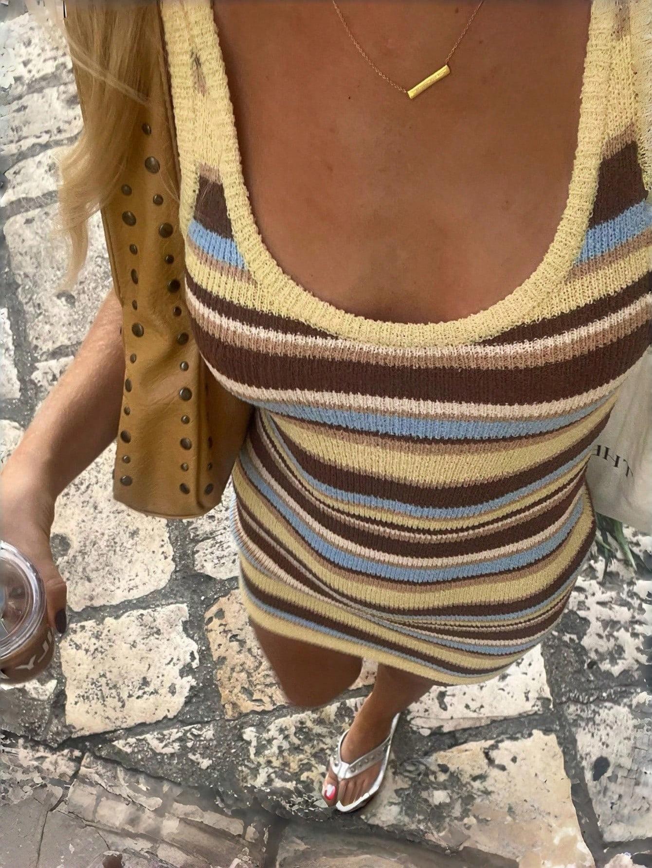 Women s summer new European and American style V-neck contrasting color striped suspender knitted short dress S