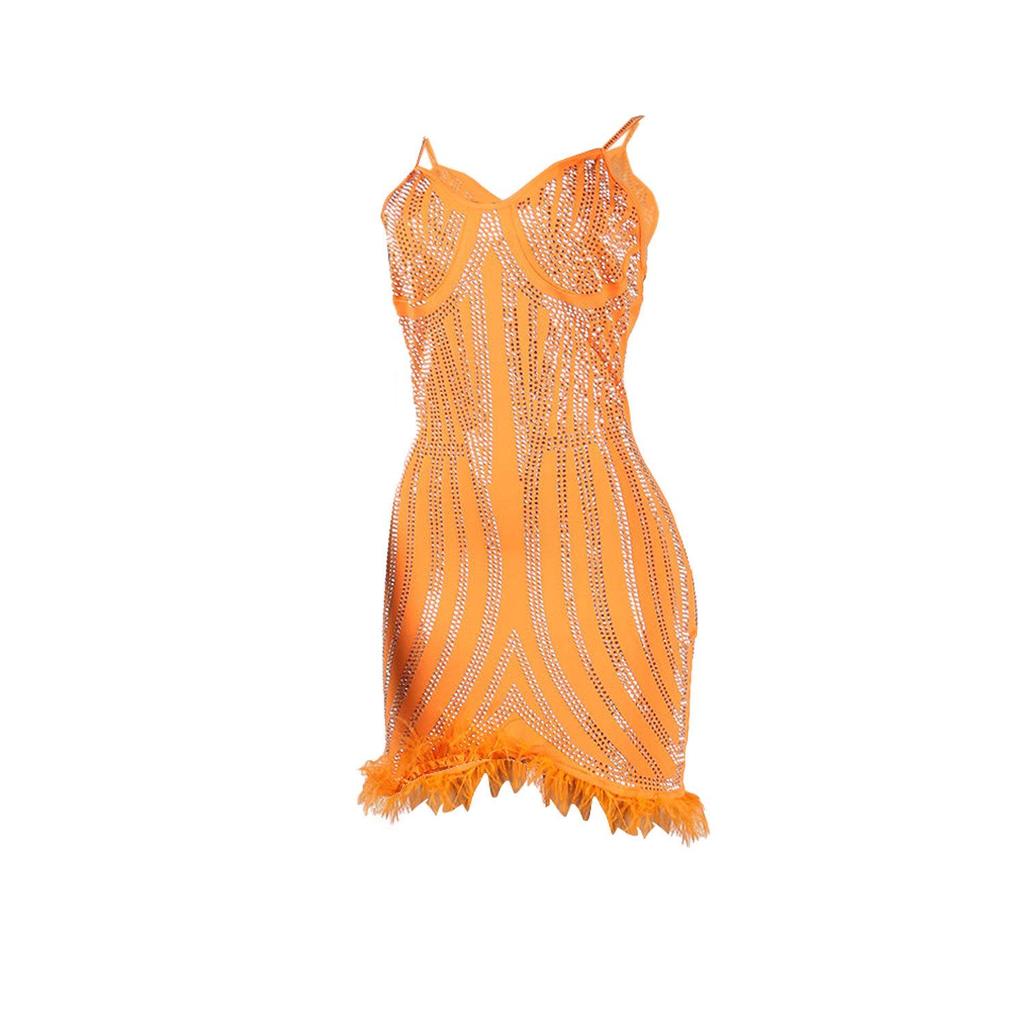 CQK2601 European-American Sexy Feather Dress with Rhinestones