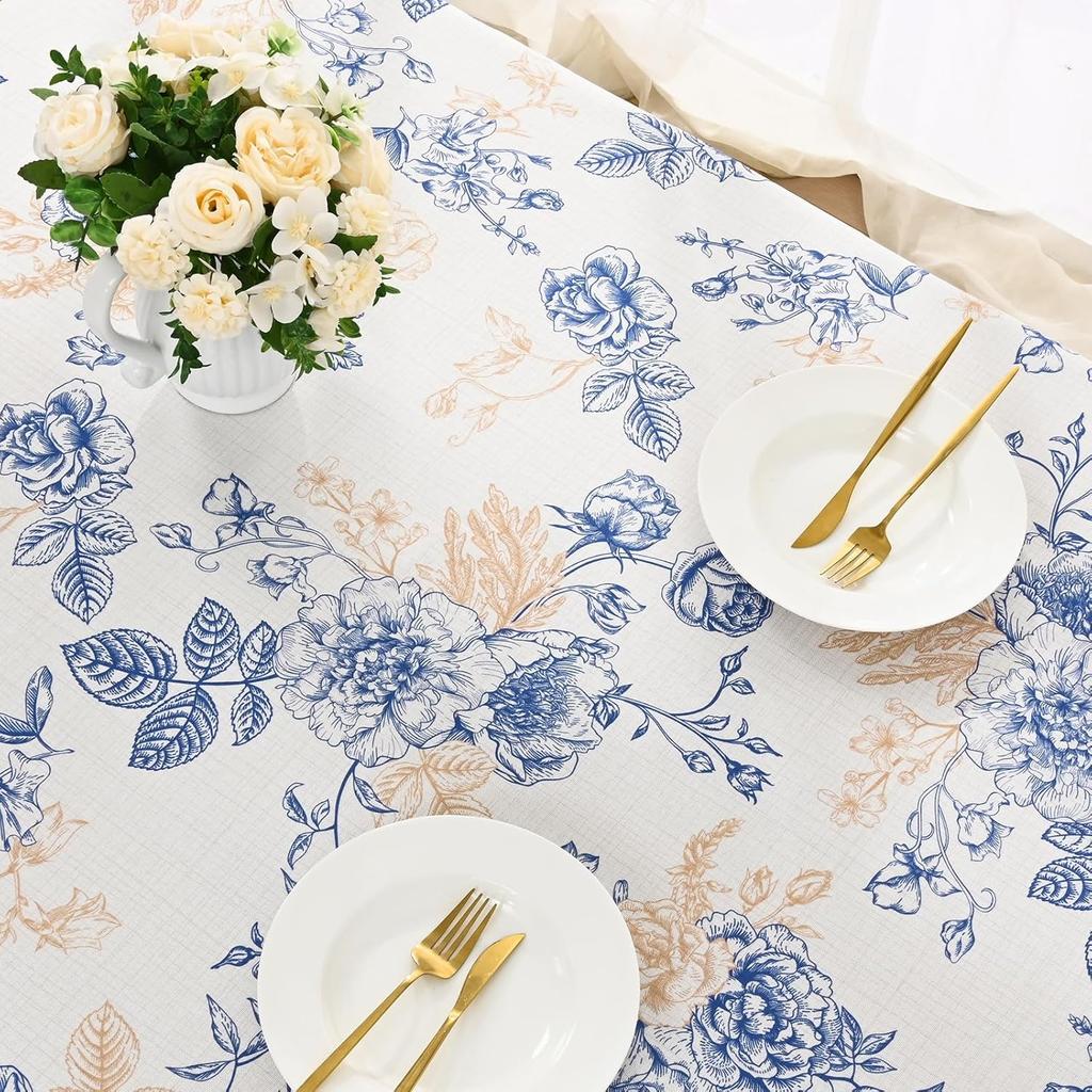 Vintage Blue Floral Rectangle Waterproof Tablecloth Party Decor Reusable Farmhouse Kitchen Dining Tablecloth Wedding Decorations