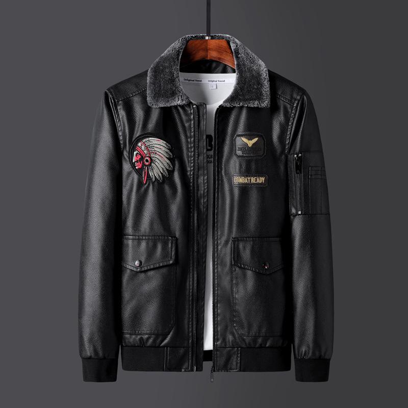 Men's Plus Size Embroidered Leather Baseball Jacket with Velvet, Trendy Spring & Autumn Outerwear.