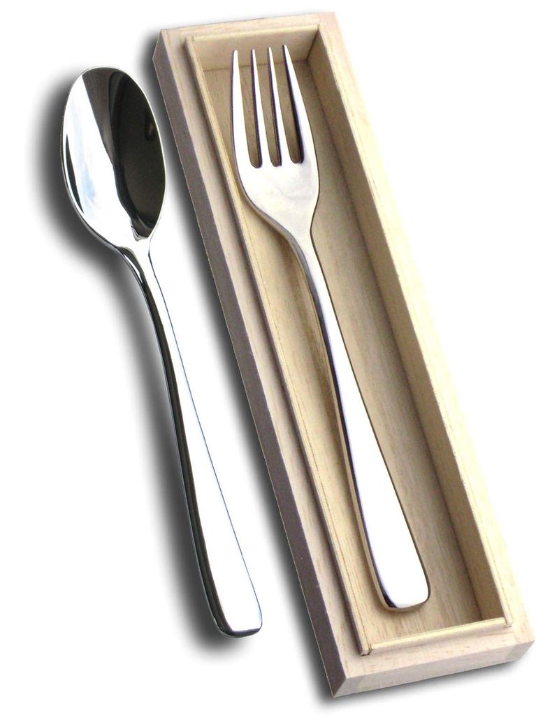 Nagao MIGAKI Curry Spoon and Pasta Fork Stainless Wooden Made in Japan Set, 18-8 Steel, Box,