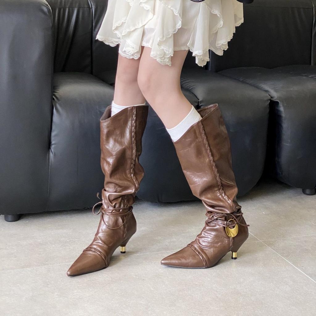 European and American Style Metal Thin Heel Pointed Hand-tied Thin Heel Boots