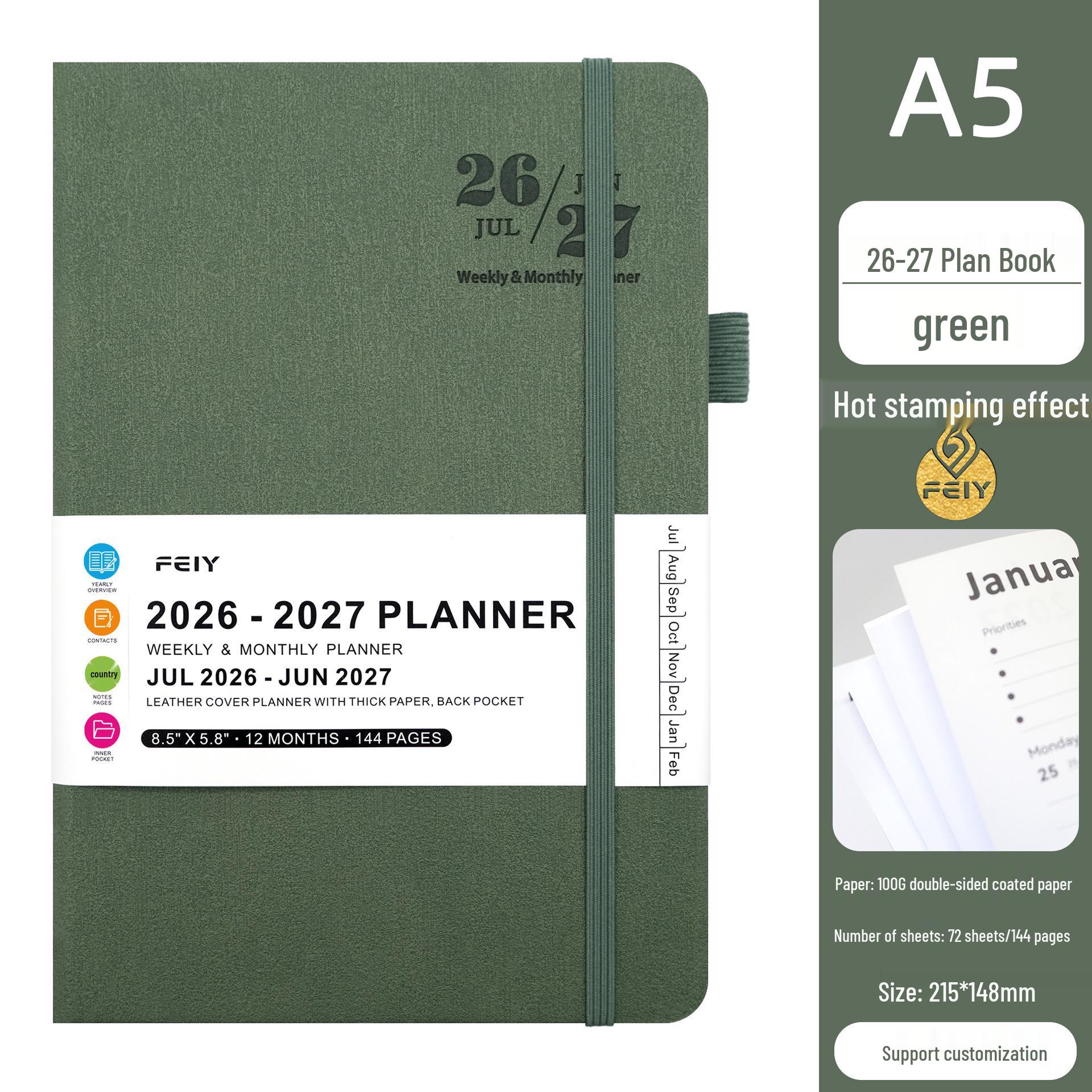 A5 English Planner with Letter Markers: 2026-2027 Customized Year Plan Book & Simple Notebook A5 зелёный