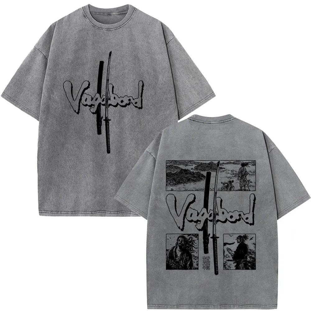 Japanese Anime Vagabond Miyamoto Musashi Vintage Washed Tshirts Men Women Clothing Fashion Retro Cotton Short Sleeve T Shirts