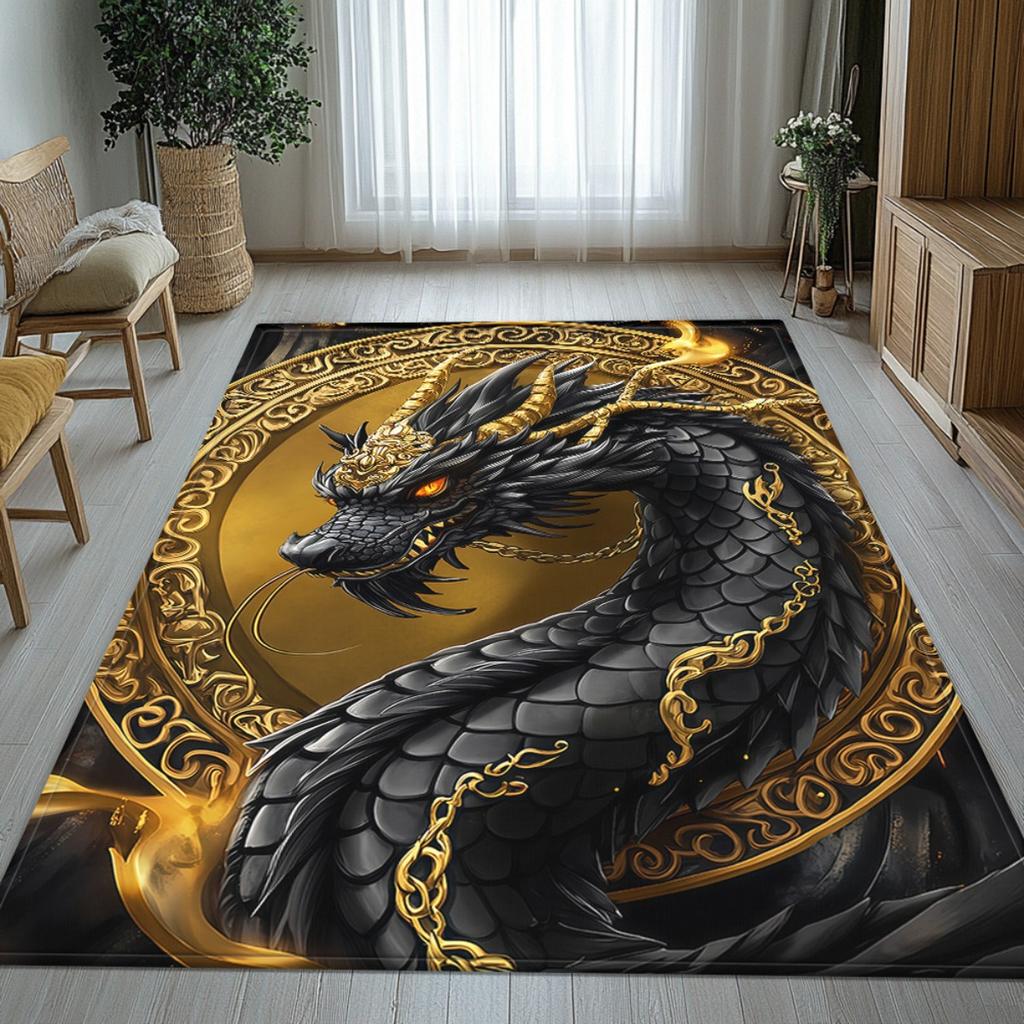 Black dragon with golden chain Chinese mythology crystal velvet rug powerful mythical creature art for home decor living room or