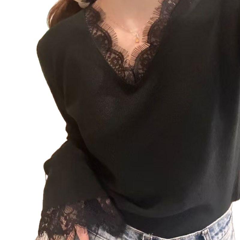 Plus Size Velvet Slimming Lace Trim Long Sleeve Top - Autumn/Winter Collection