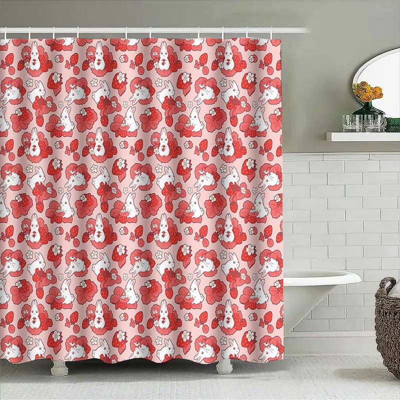 Cute Rabbit Pattern Shower Curtain Farmhouse Bathroom Decor Washable Fabric Liner Set Waterproof Modern Style