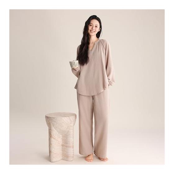 [Apparlxer] Women's Pajamas, Top and Bottom Set, Loungewear, Long Sleeve, V-Neck Top, Long Pants, Trousers, Inner Wear, Double Gauze, Cotton, Loose,