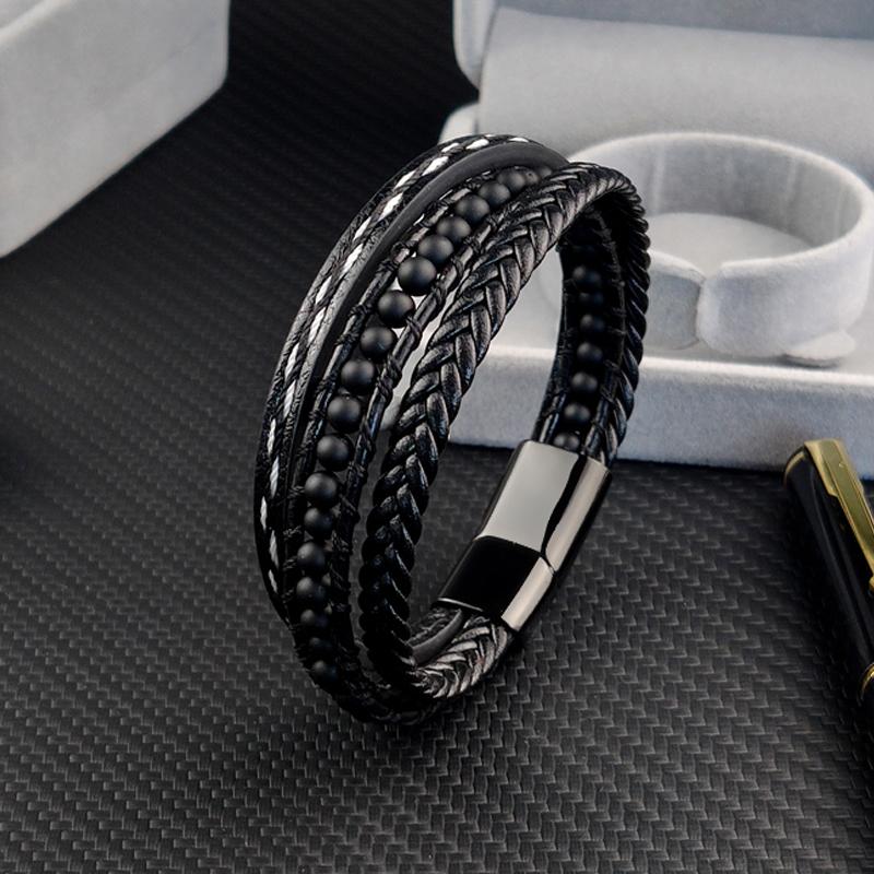 MingAo Punk Stainless Steel Beaded Custom Name Men Charm Bracelet Multi-layer Bangle Leather braid Magnet Clasp bracelet Jewelry