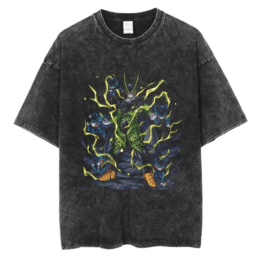 Dragon Ball Cartoon Pattern Cotton T-shirt Version Cotton Summer Black Washed T-shirt Men's Style