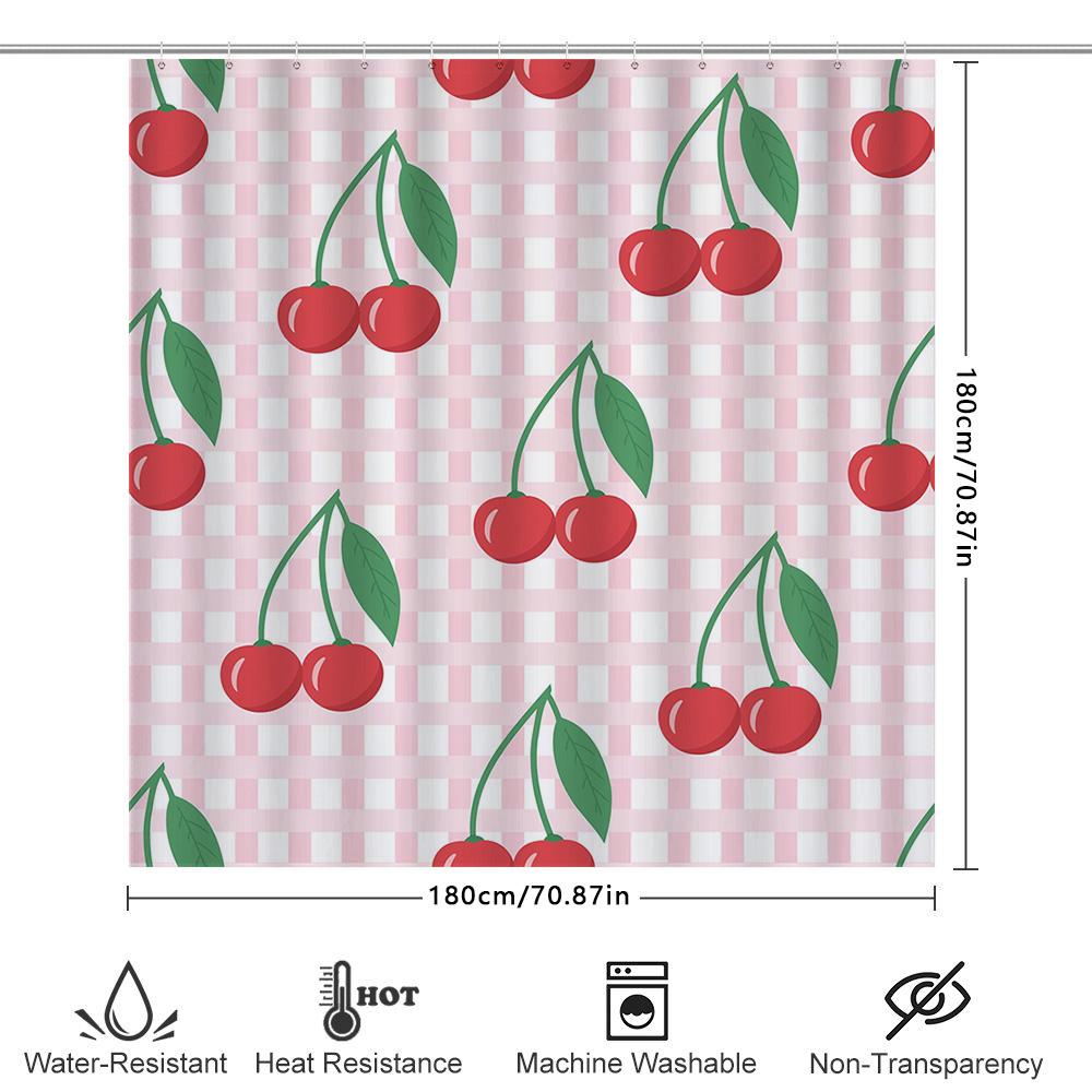 Fruit Shower Curtain Red Cherries Gingham Check Pattern for Bathroom Decor