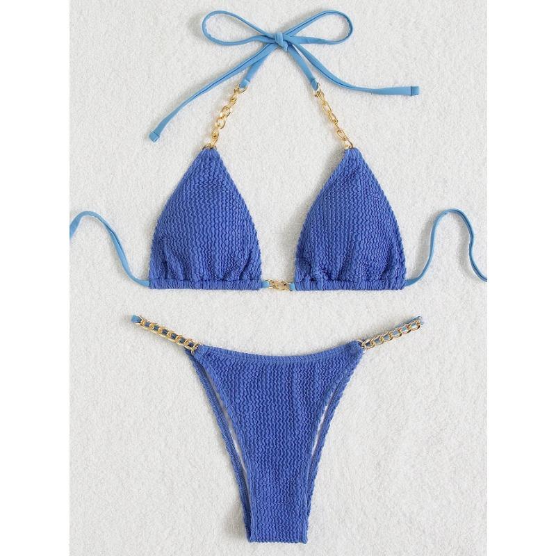 Women Sexy Solid Color Pleated Fabric Backless Two Piece Bikini Swimwear Set