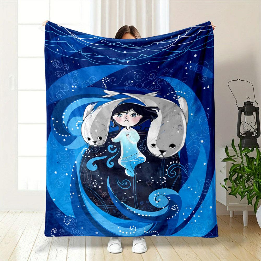 A Woman, Seals, and Swirling Blue Waves with Intricate White Patterns. for All Seasons Blanket Lunch Break Throw Gift